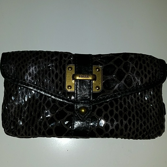 NWT FOSSIL BLACK LEATHER CLUTCH - Picture 1 of 6